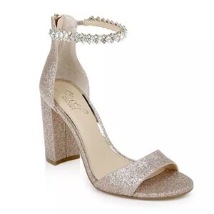 Jewel Badgley Mischka Lt Gold Louise Glitter Ankle Strap Heel w/ Crystals sz 8.5